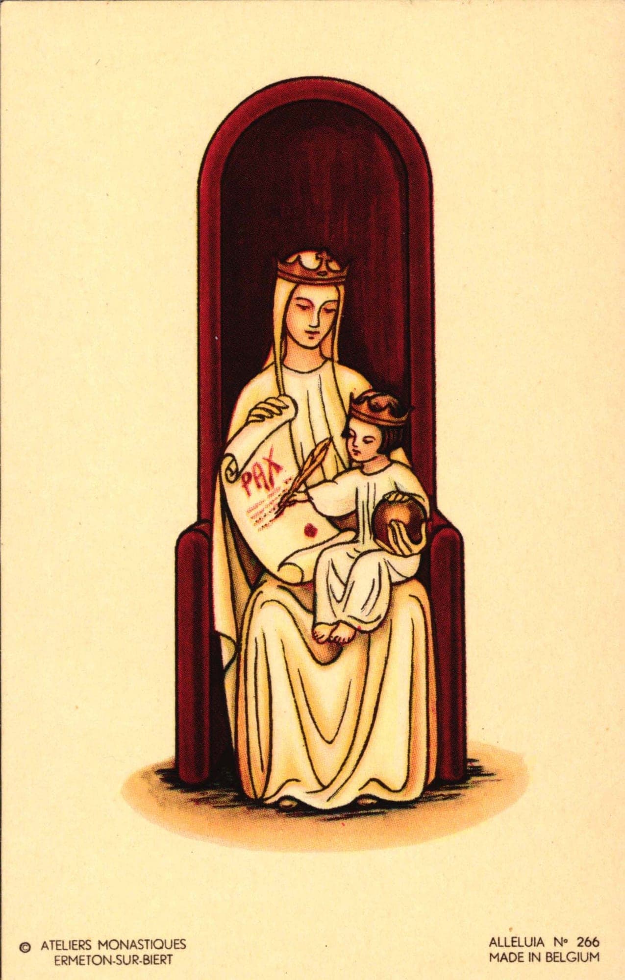Devotional holy card, Belgium — Madonna and Child enthroned with attendant saints and angels