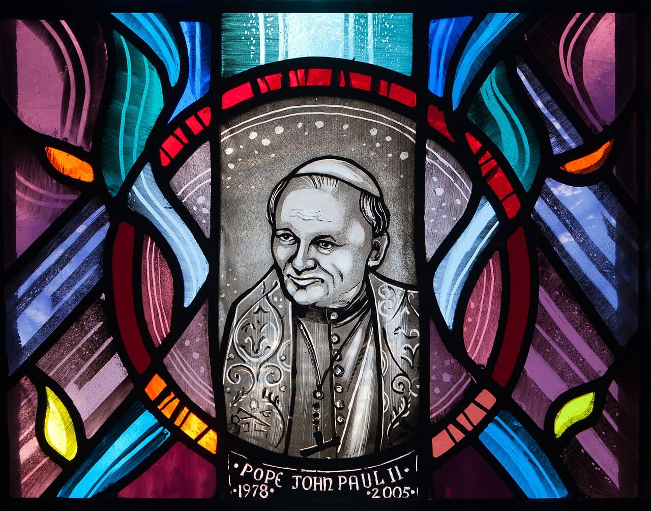 Pope John Paul II, from the Mysteries of Light window in the Church of the Most Holy Rosary, Tullow, Co. Carlow — photograph by Andreas F. Borchert (CC BY-SA 4.0)