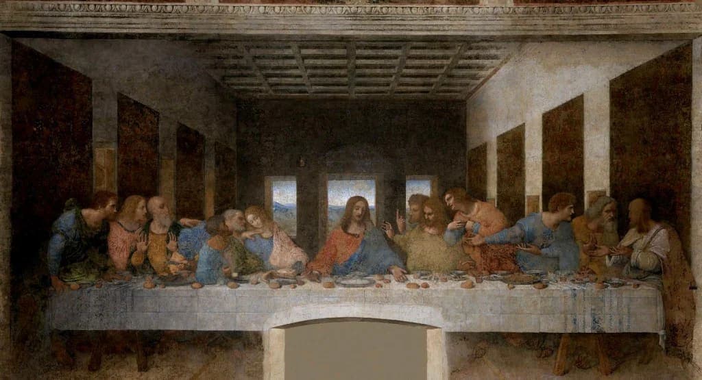 Leonardo da Vinci's Last Supper, the twelve apostles seated with Christ at the long table