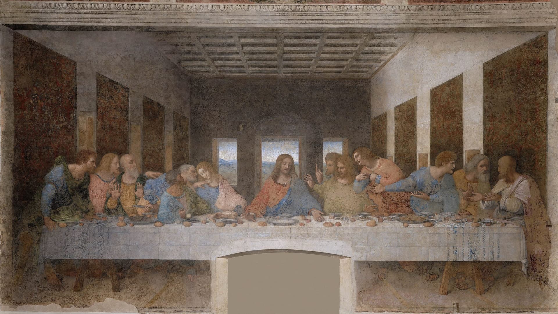 Leonardo da Vinci's Last Supper, the twelve apostles seated with Christ at the long table