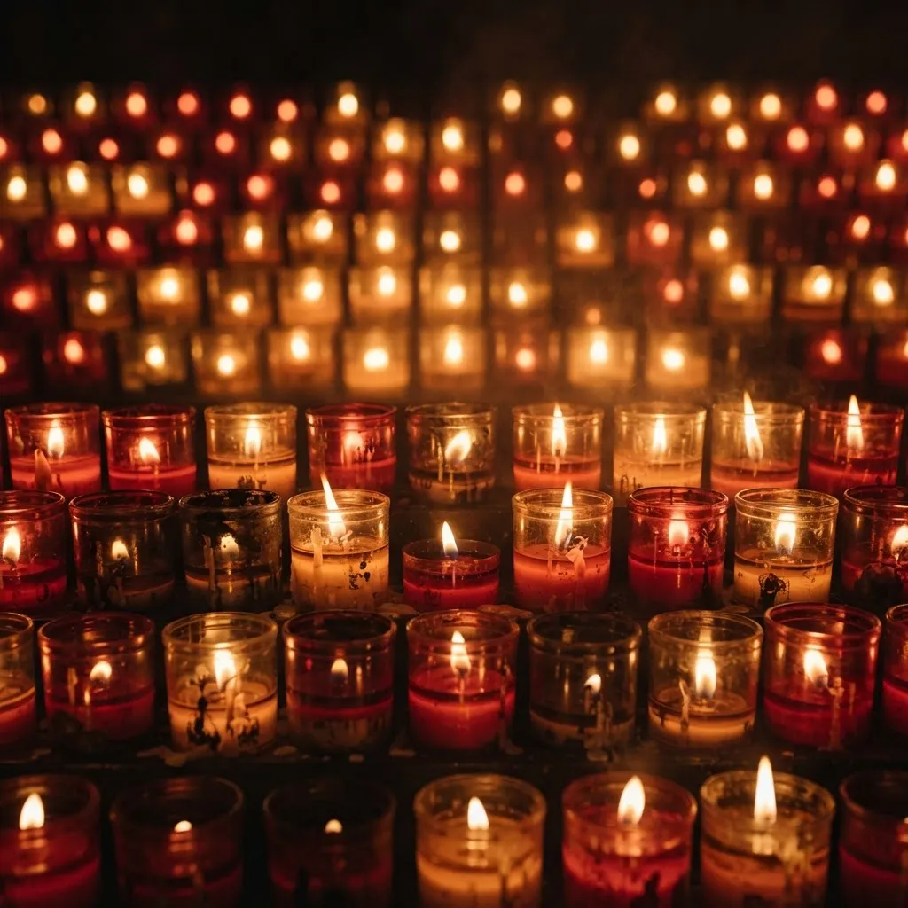 Rows of glowing red and amber novena candles fill the view from edge to edge, their small flames flickering in the dark