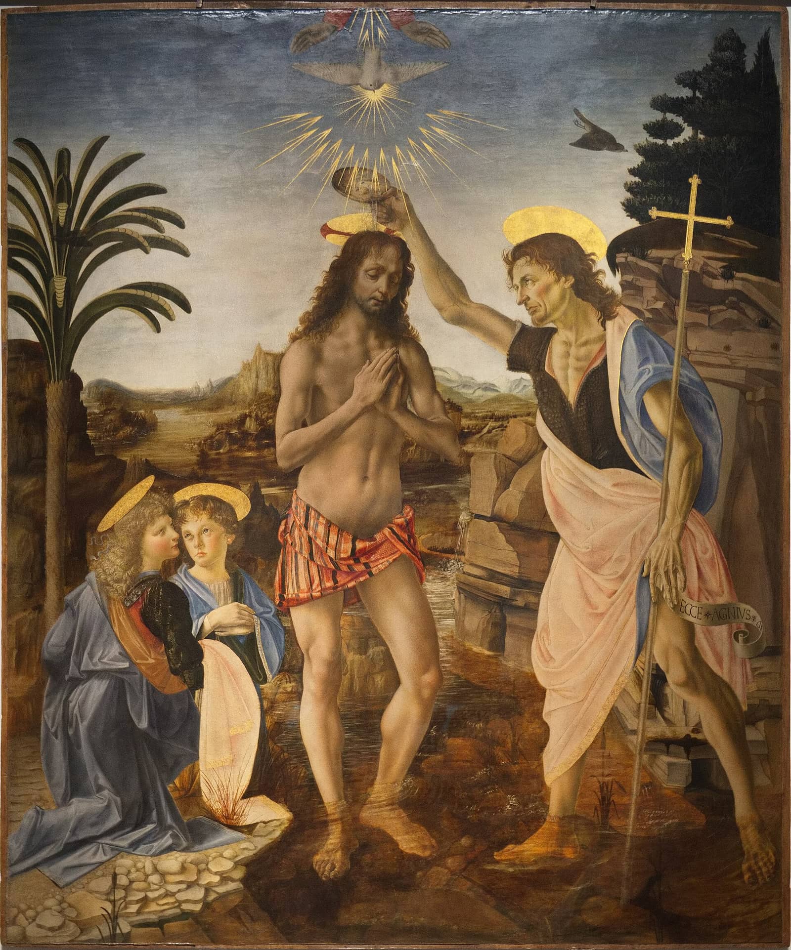 The Baptism of Christ — Verrocchio and Leonardo da Vinci, c. 1475 (Uffizi)