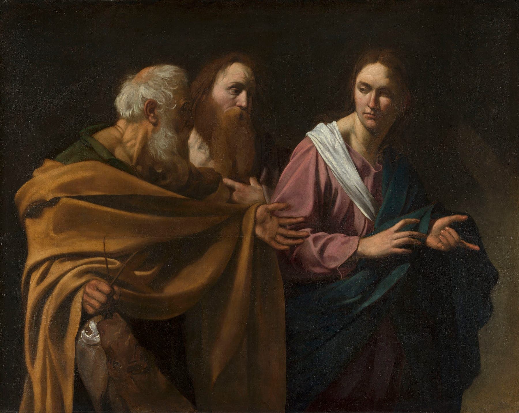 Caravaggio's The Calling of Saints Peter and Andrew, in which Christ in a rose tunic gestures to two weathered fishermen, one of them holding a fish and a net