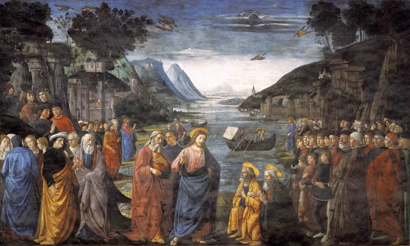 Domenico Ghirlandaio's fresco The Calling of the Apostles, with Peter and Andrew kneeling in gold robes before Christ on the shore of the Sea of Galilee, crowds of Florentine figures on either side