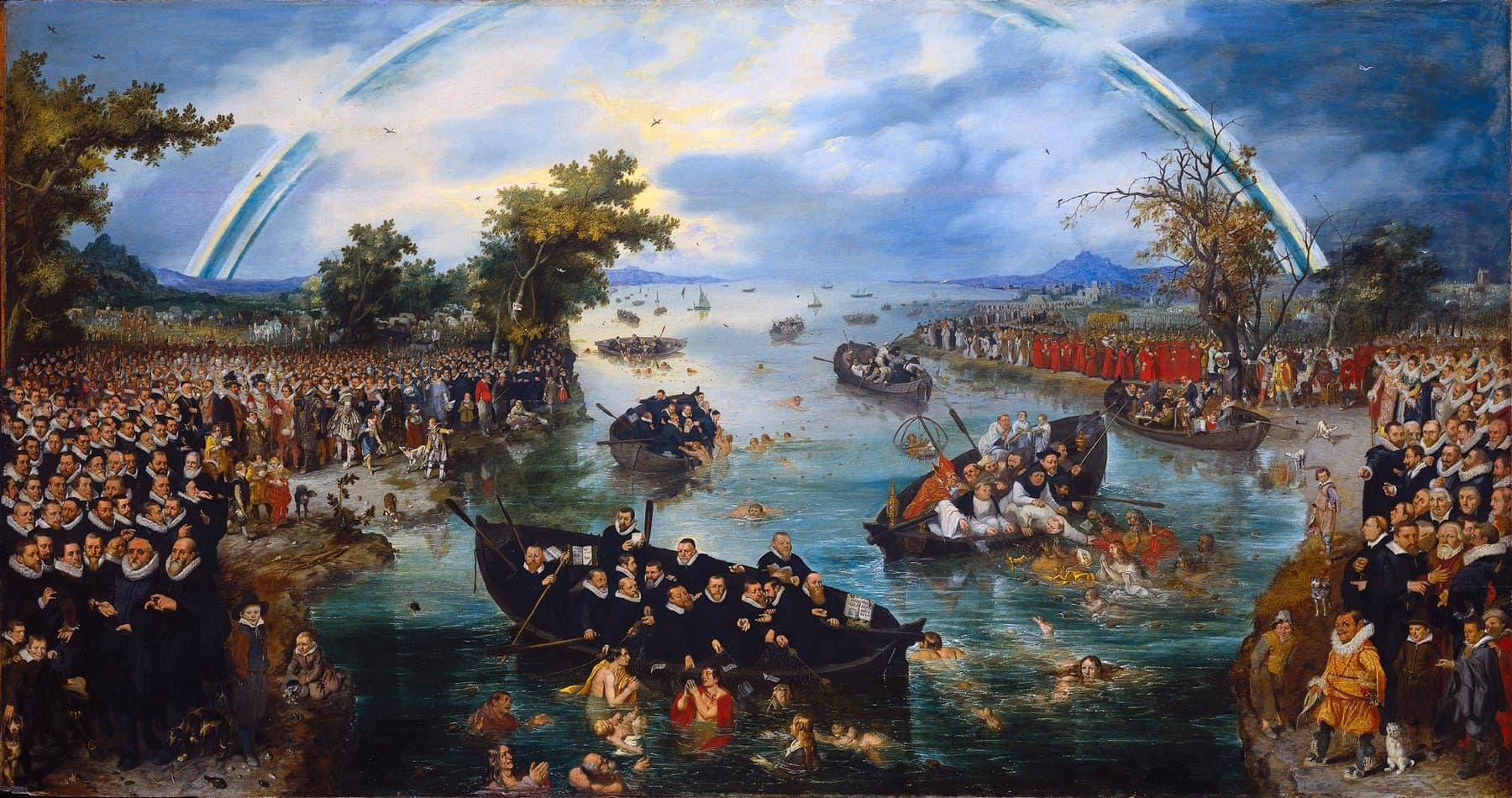 Adriaen van de Venne's Fishing for Souls, a wide allegory of boats crowded with clergy hauling figures out of a river beneath a double rainbow