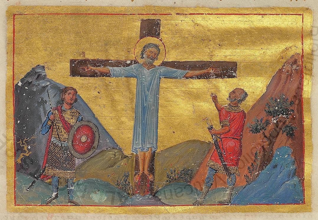 A Byzantine illuminated miniature on a gold ground showing St. Andrew bound with outstretched arms to a cross while two soldiers stand on either side among rocky hills