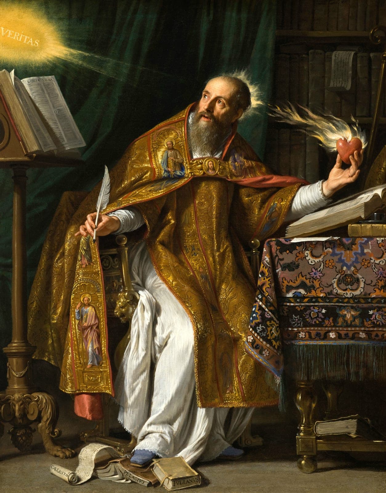 Philippe de Champaigne's painting of St. Augustine seated at his desk in a golden cope, holding a flaming heart in one hand and a quill in the other, gazing toward a burst of divine light marked Veritas