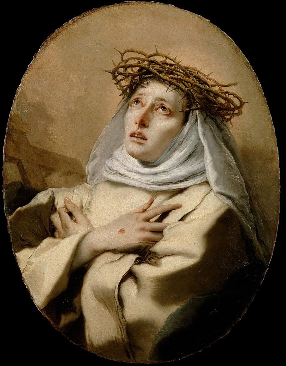 Giovanni Battista Tiepolo's painting of St. Catherine of Siena in the white habit and veil of a Dominican tertiary, wearing the crown of thorns and holding a crucifix, her eyes lifted in sorrowful prayer