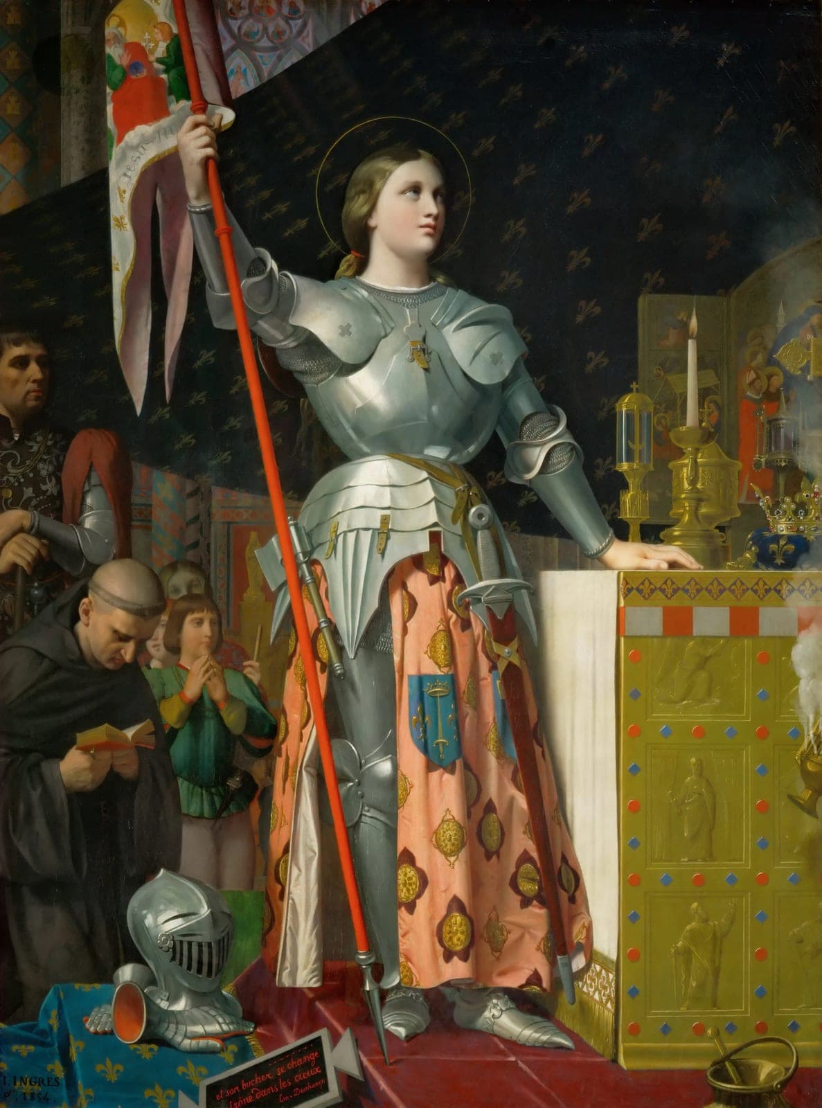 Ingres's painting of Joan of Arc in shining full armor at the coronation of Charles VII, standing beside the altar with her banner, a halo about her head