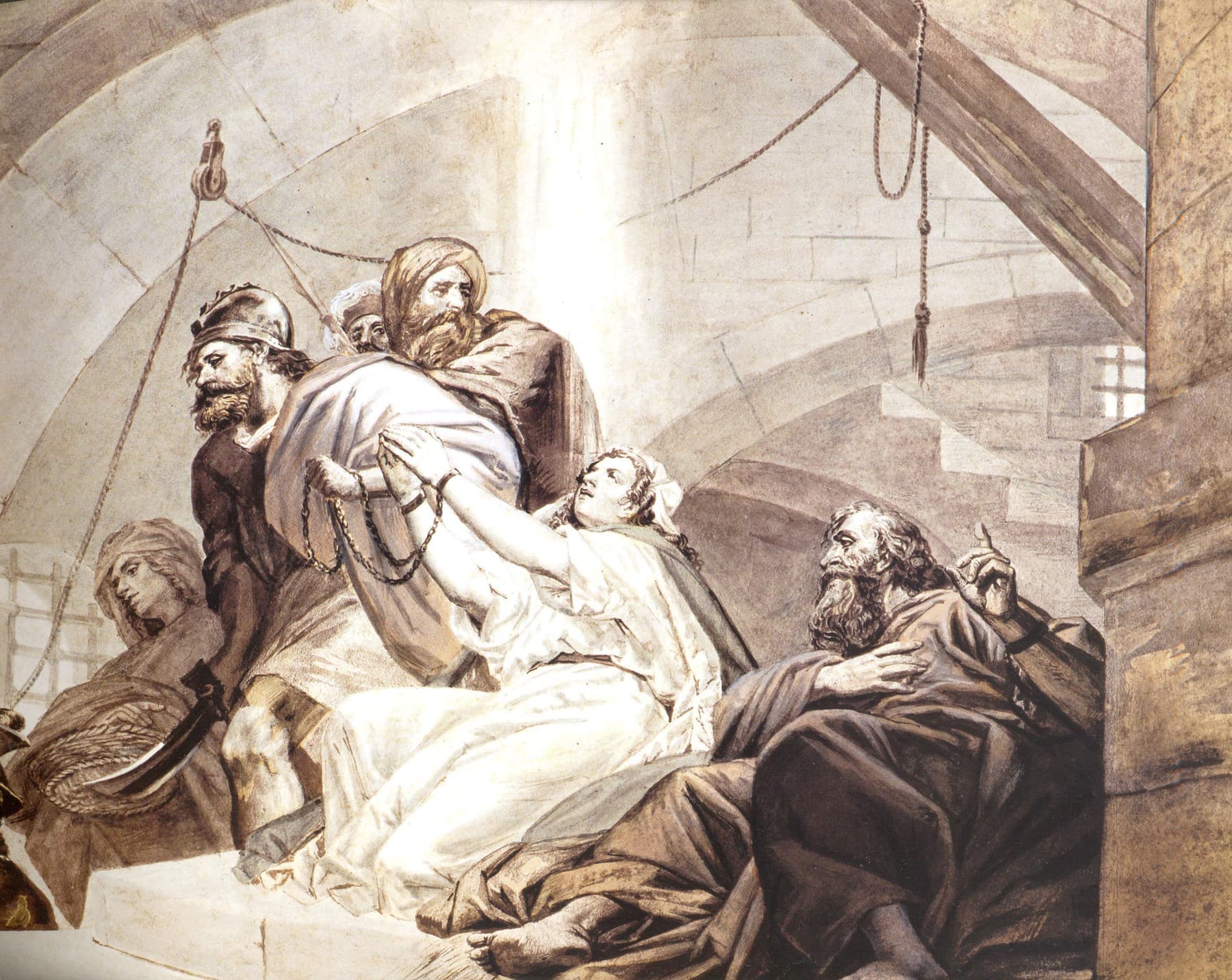 A sepia wash drawing of St. Jude Thaddeus in chains in a vaulted prison, guarded by soldiers, with St. Sandukht kneeling before him in white as light falls from above