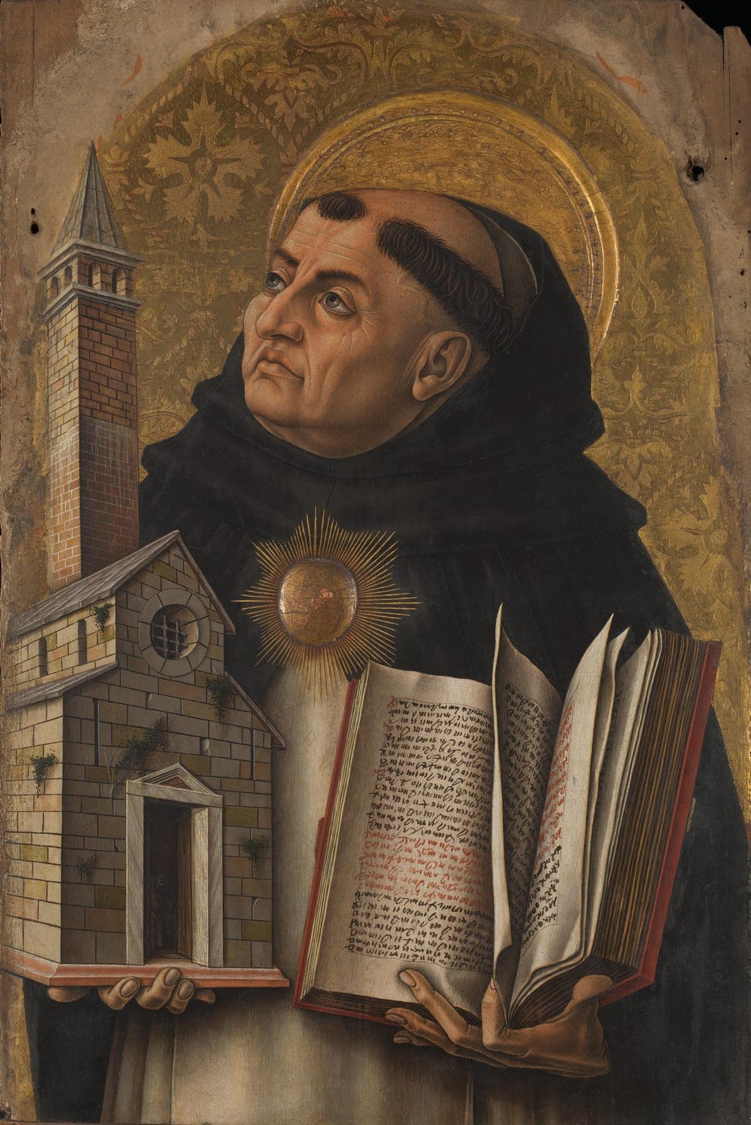 Carlo Crivelli's panel of St. Thomas Aquinas in the black and white Dominican habit against a gold ground, holding a model church in one hand and an open book in the other, with a radiant sun on his breast