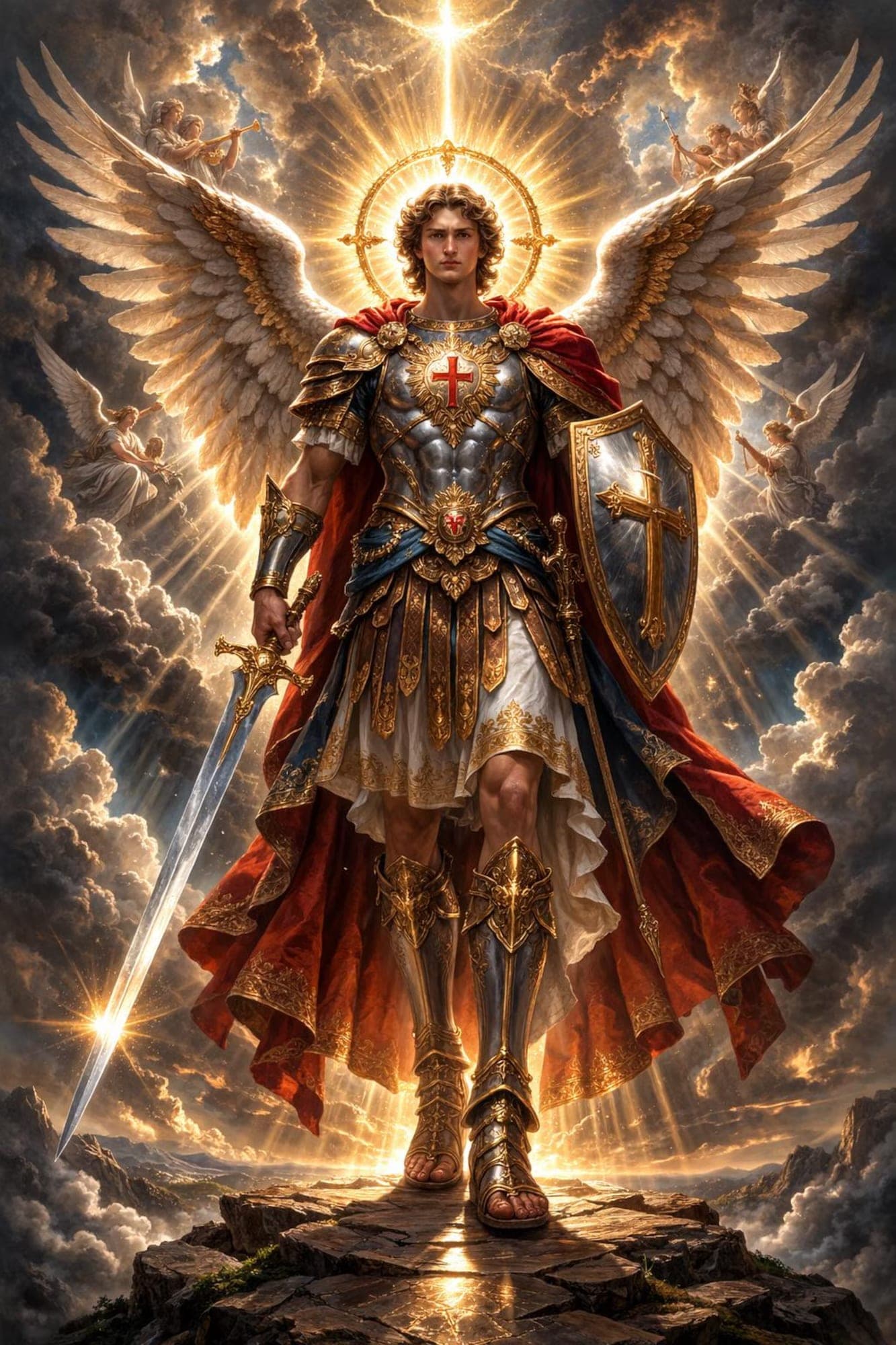 A contemporary devotional image of St. Michael in shining armor with sword and cross-shield